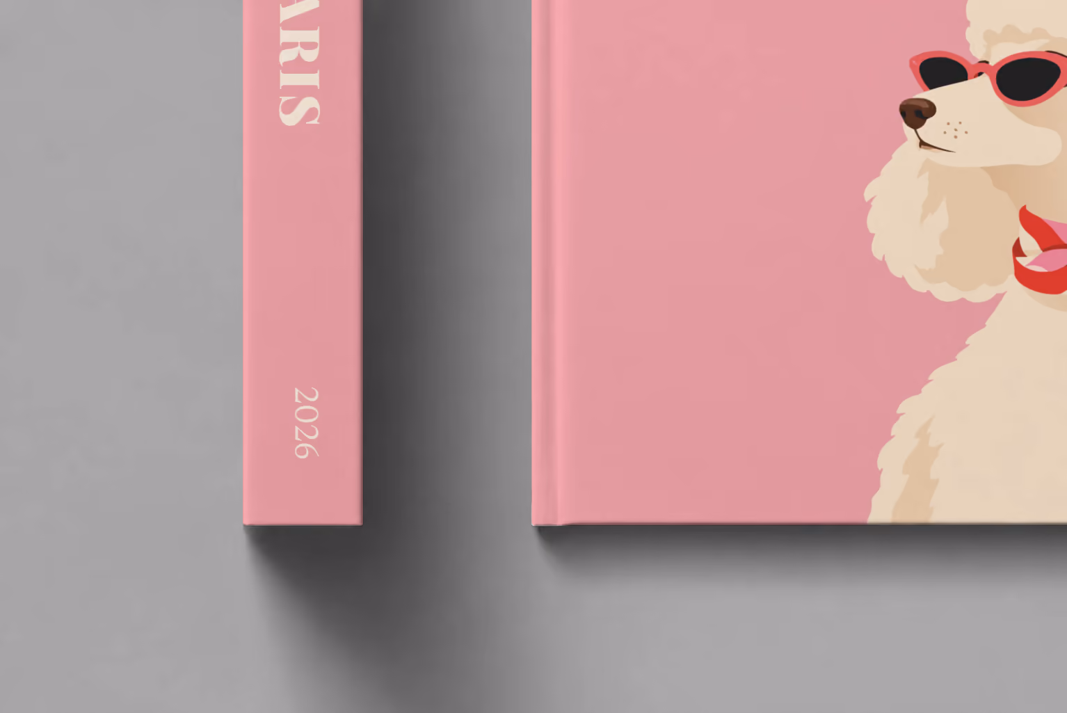 Paris hardcover photo book with the illustrated cover of a poodle in sunglasses and a scarf on pink, shown close up beside its spine on a pale grey studio surface
