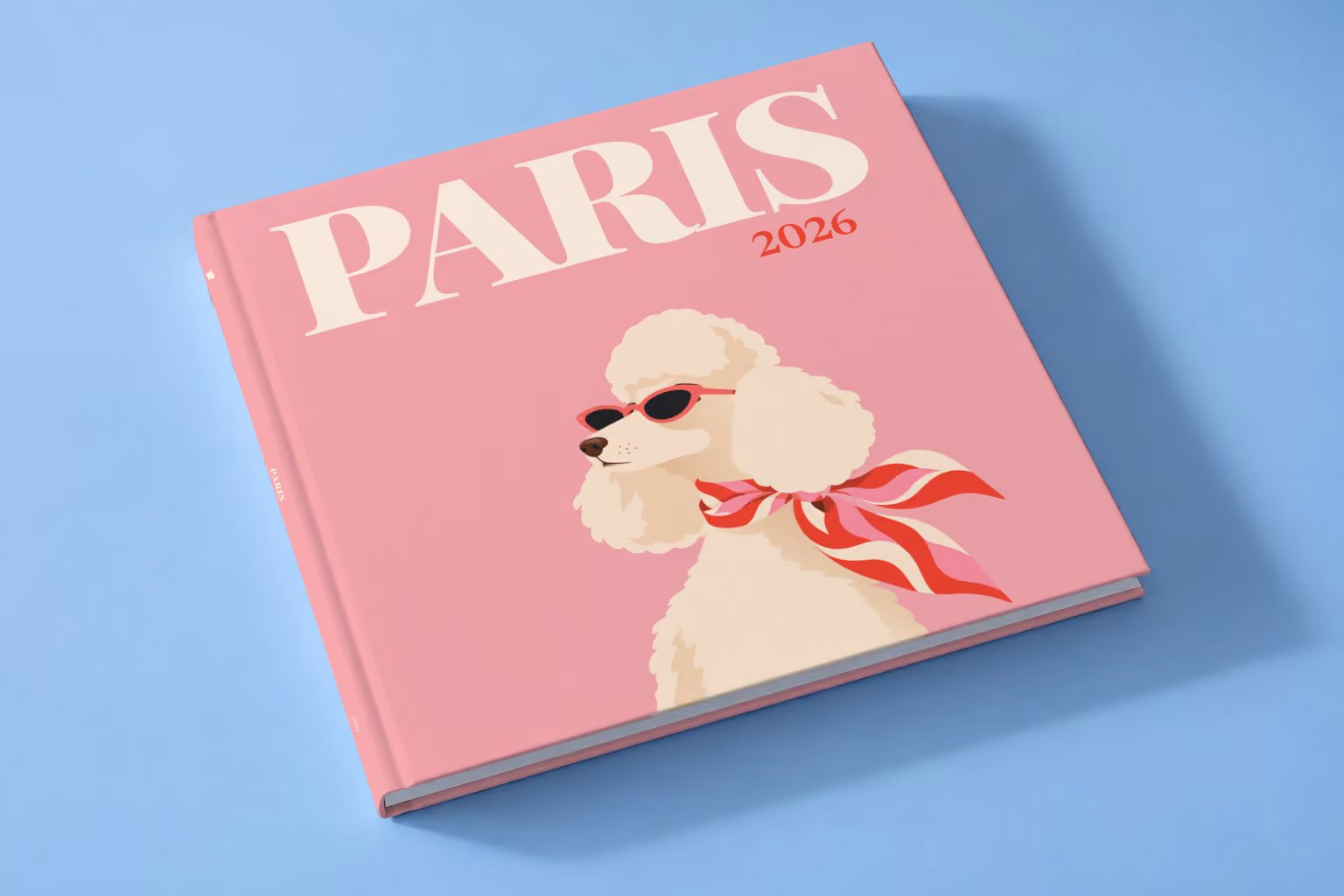 Paris square hardcover photo book with the illustrated cover of a poodle in sunglasses and a scarf on pink, lying on a pale blue studio backdrop