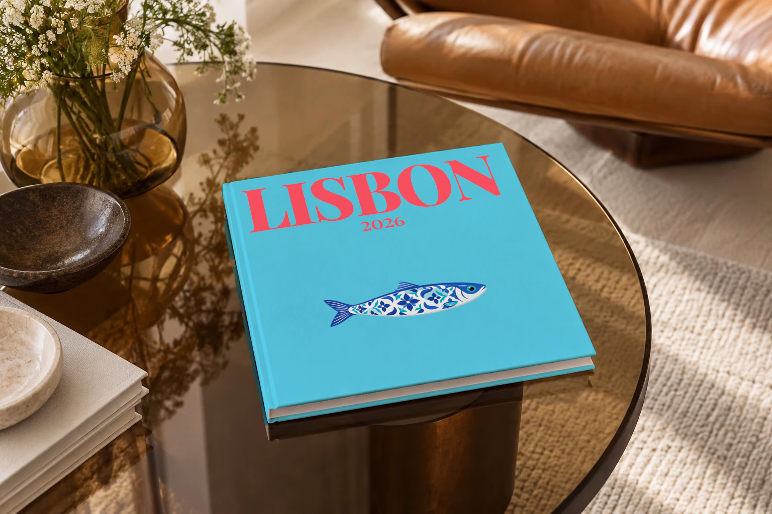 Portugal square hardcover photo book with the Lisbon illustrated cover of a blue azulejo-tiled Portuguese sardine on turquoise, on a smoked glass coffee table beside a leather armchair in warm afternoon light