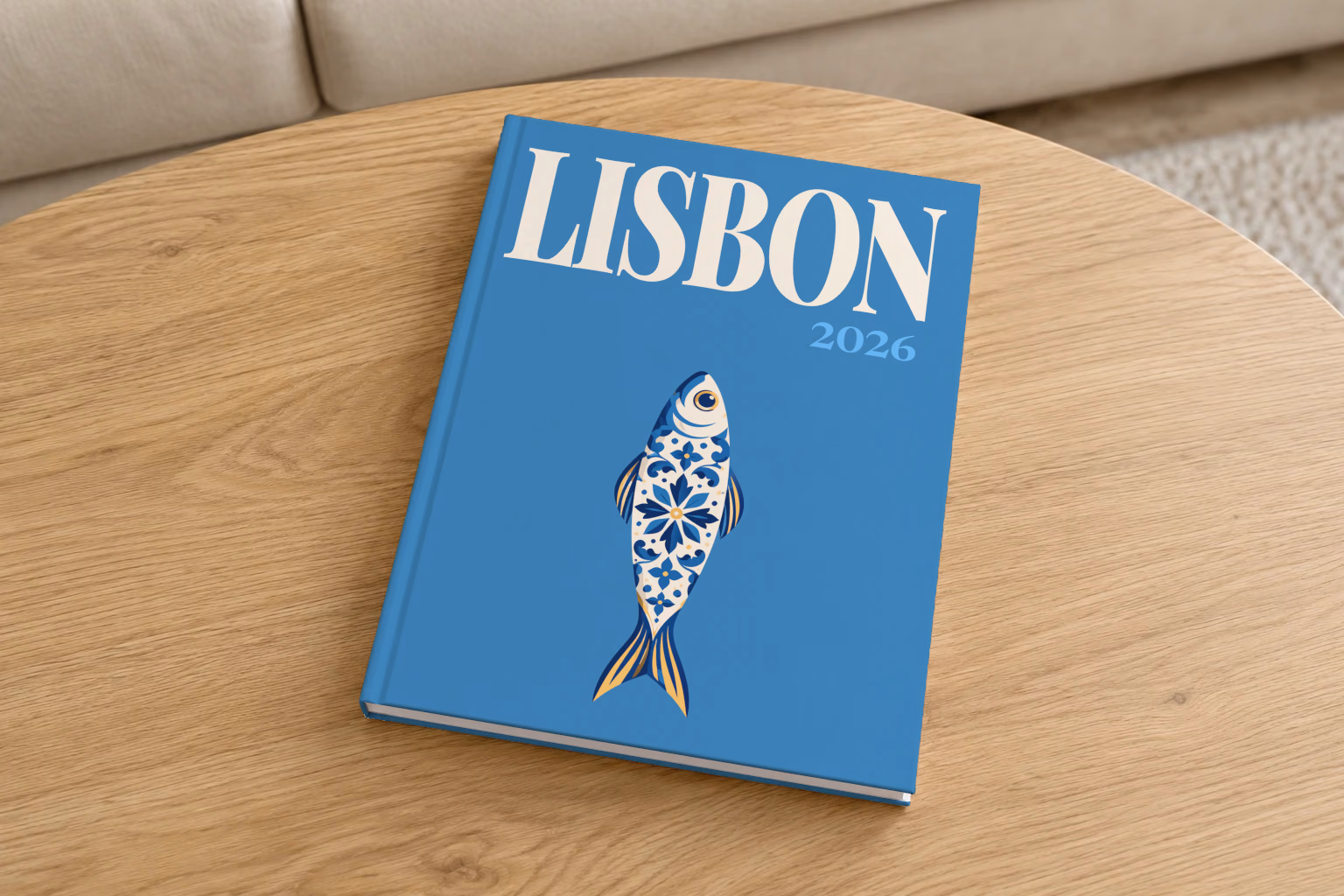 Portugal hardcover photo book with the Lisbon illustrated cover of a blue and white azulejo-tiled sardine on denim blue, on a round oak coffee table in a bright living room