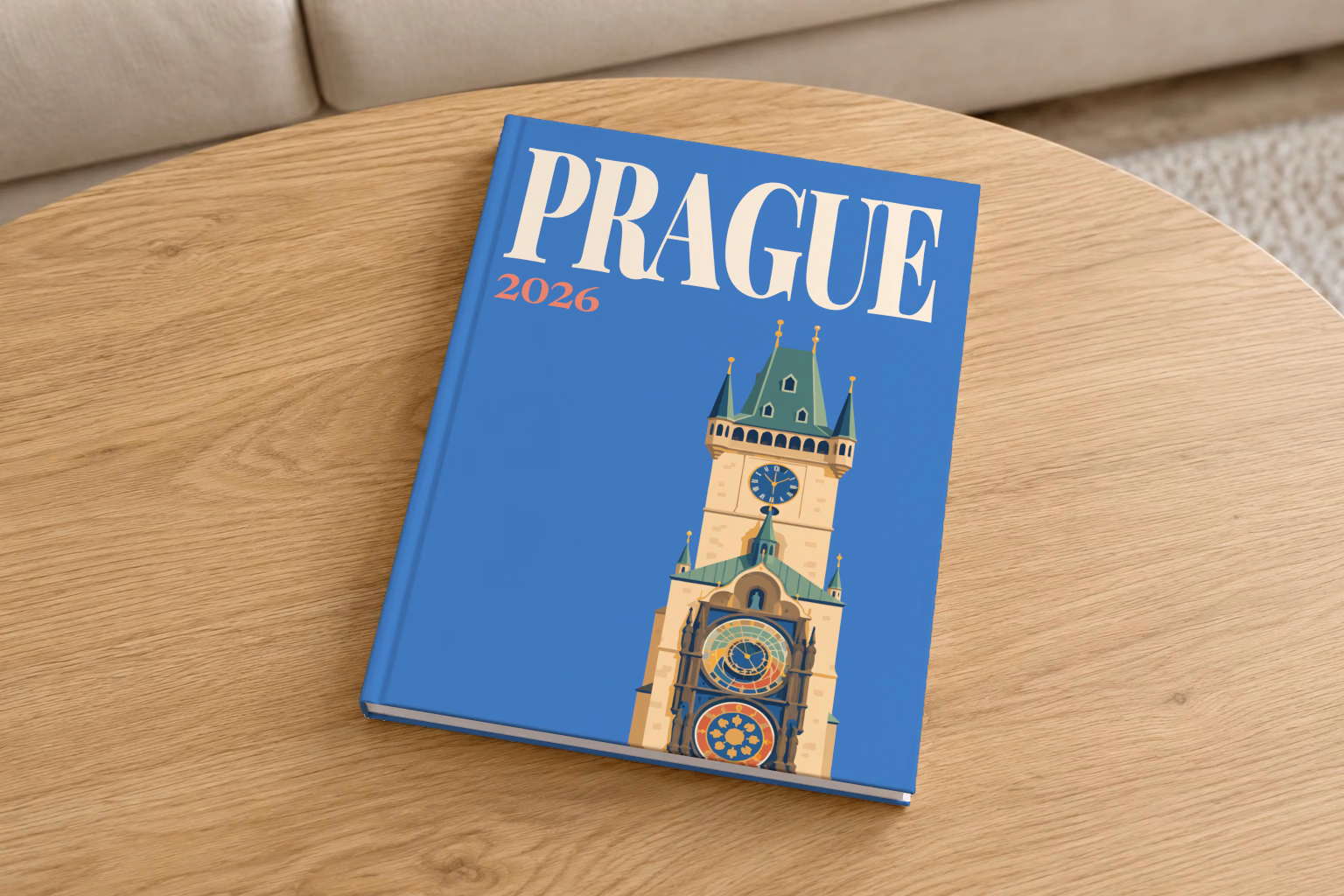 Prague hardcover photo book with the illustrated cover of the Prague Astronomical Clock tower on blue, on a round oak coffee table in a bright living room