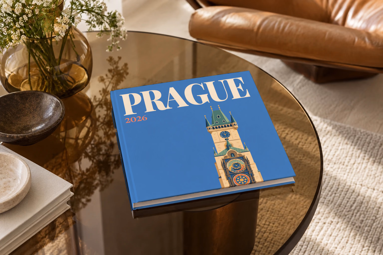 Prague square hardcover photo book with the illustrated cover of the Prague Astronomical Clock tower on blue, on a smoked glass coffee table beside a leather armchair in warm afternoon light