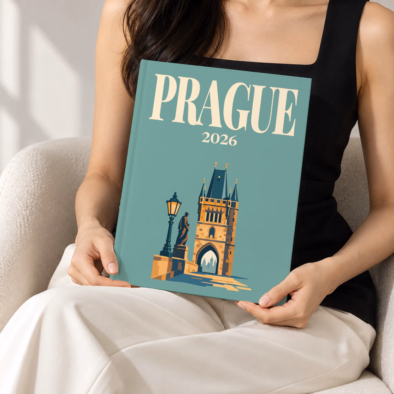 Prague hardcover photo book with the illustrated cover of a Charles Bridge tower with a statue and lamp post on sage green, held upright in two hands by a woman in a black top, sitting in a cream boucle armchair