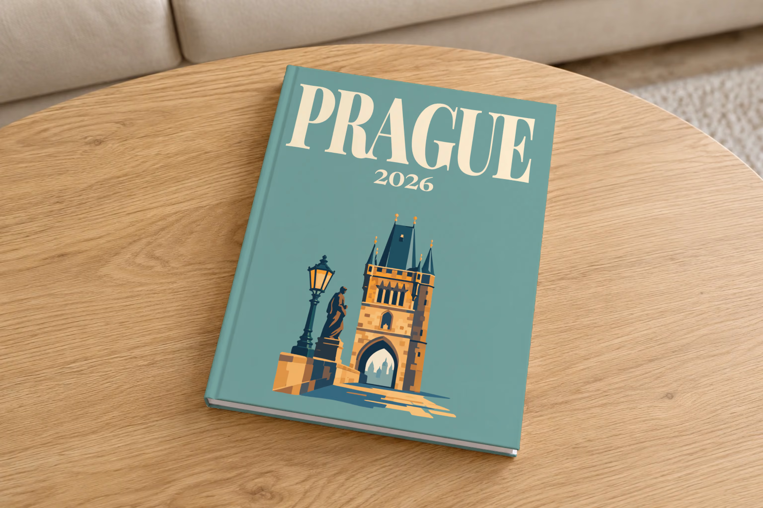 Prague hardcover photo book with the illustrated cover of a Charles Bridge tower with a statue and lamp post on sage green, on a round oak coffee table in a bright living room