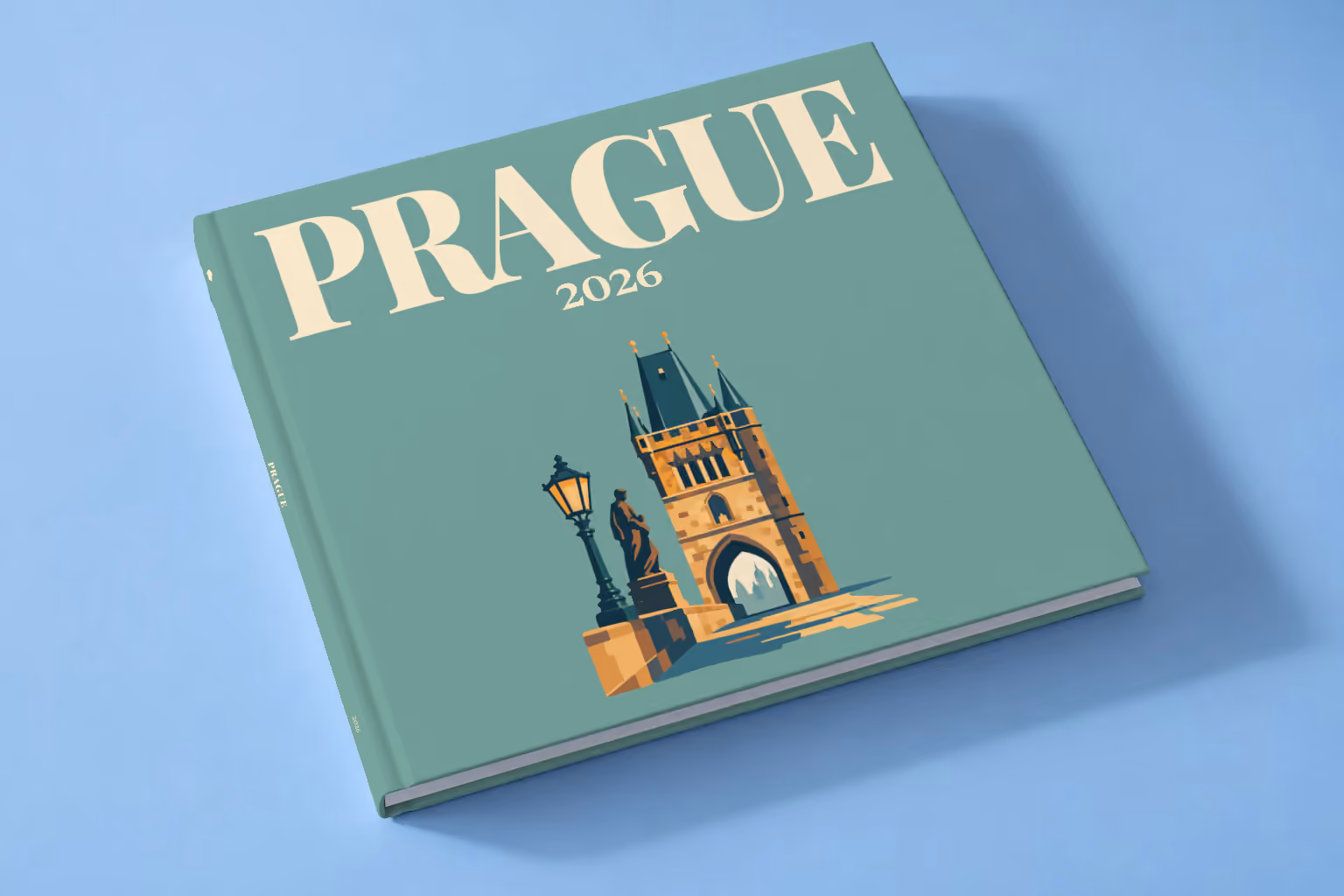 Prague square hardcover photo book with the illustrated cover of a Charles Bridge tower with a statue and lamp post on sage green, lying on a pale blue studio backdrop