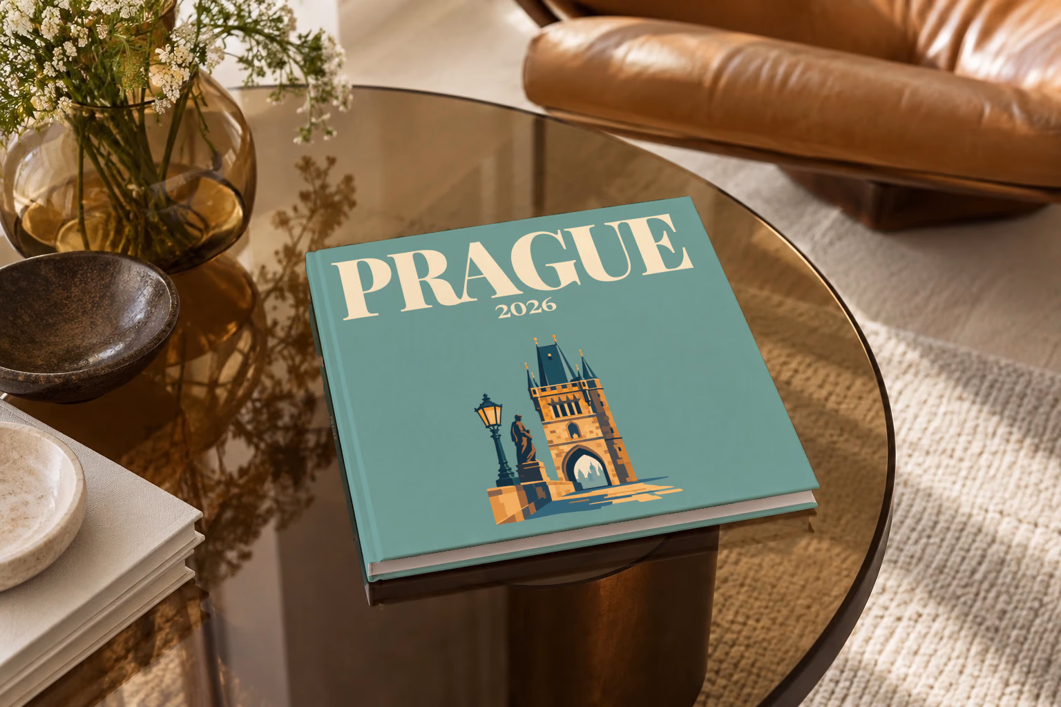 Prague square hardcover photo book with the illustrated cover of a Charles Bridge tower with a statue and lamp post on sage green, on a smoked glass coffee table beside a leather armchair in warm afternoon light