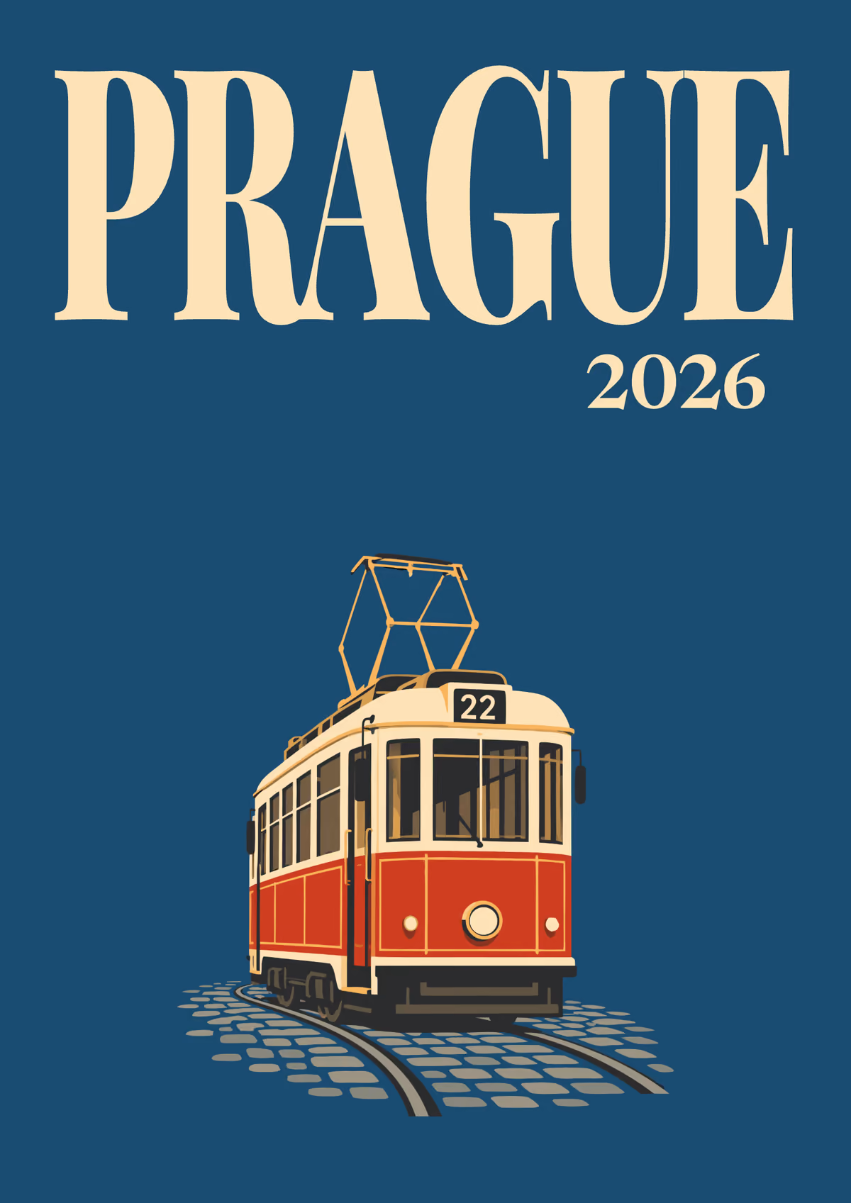 Prague illustrated travel photo book cover with a red and cream number 22 Prague tram on navy