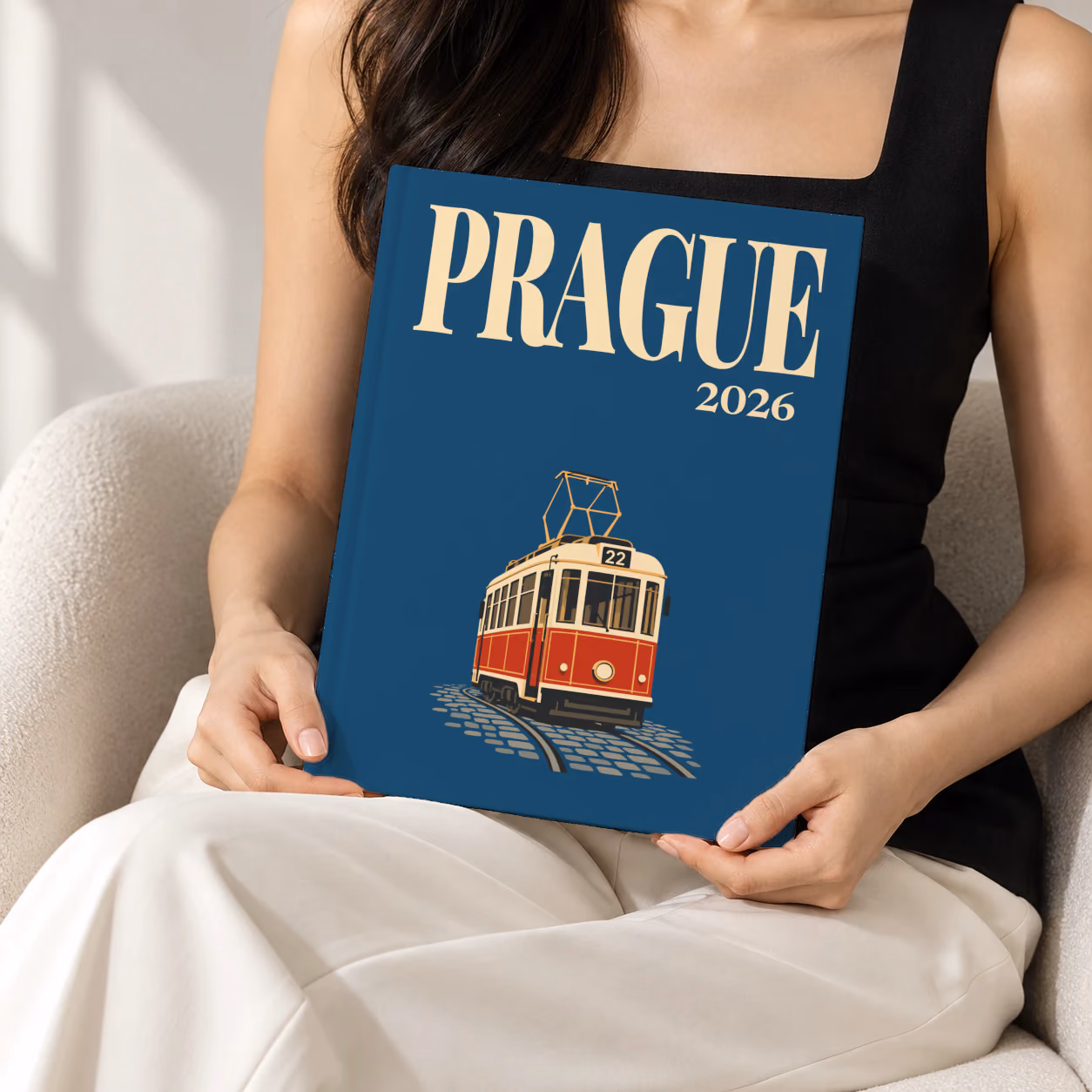 Prague hardcover photo book with the illustrated cover of a red and cream number 22 Prague tram on navy, held upright in two hands by a woman in a black top, sitting in a cream boucle armchair