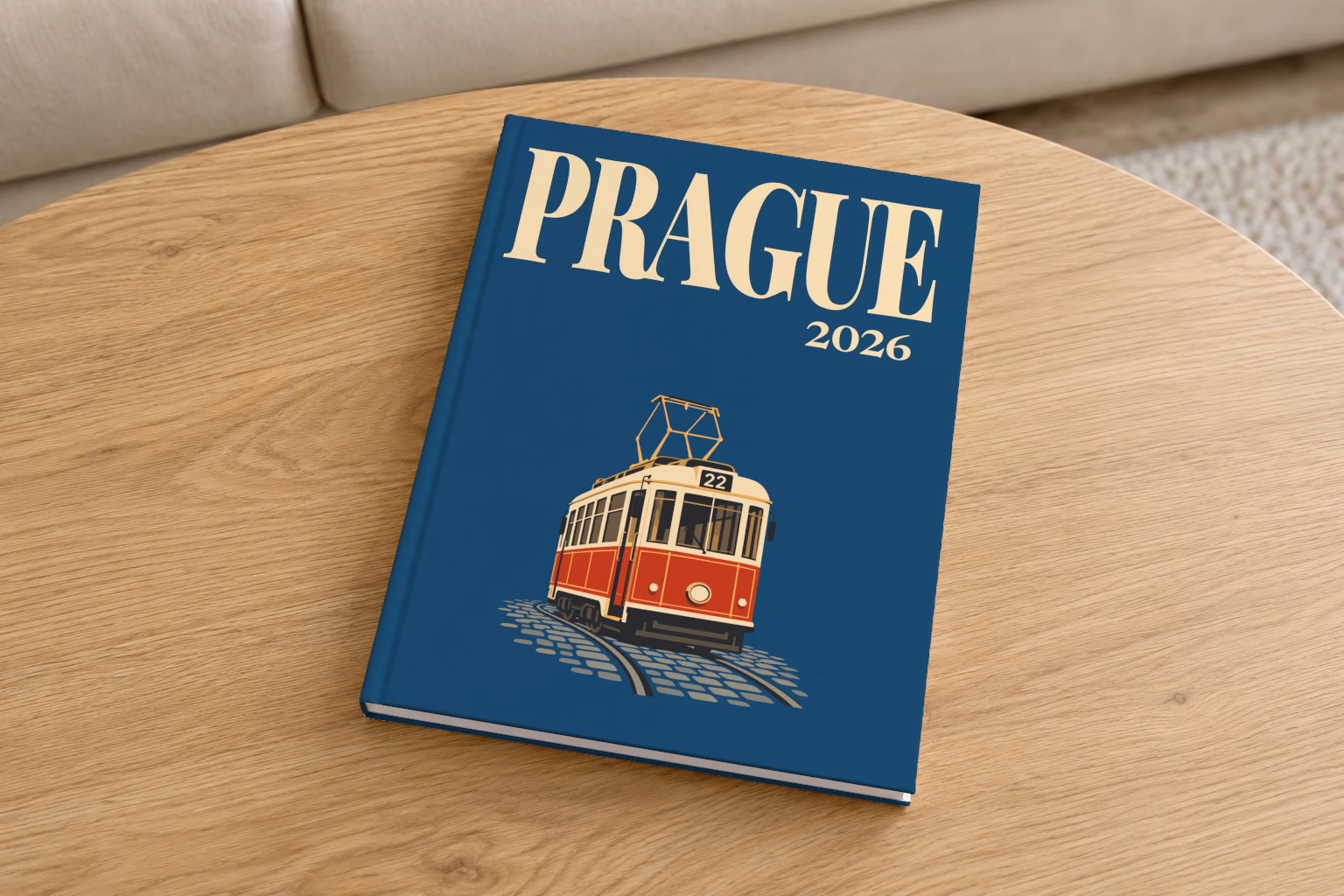 Prague hardcover photo book with the illustrated cover of a red and cream number 22 Prague tram on navy, on a round oak coffee table in a bright living room