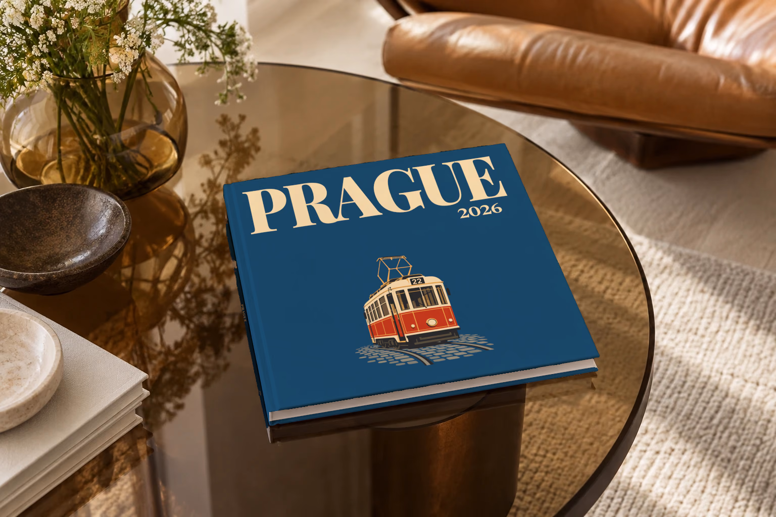 Prague square hardcover photo book with the illustrated cover of a red and cream number 22 Prague tram on navy, on a smoked glass coffee table beside a leather armchair in warm afternoon light