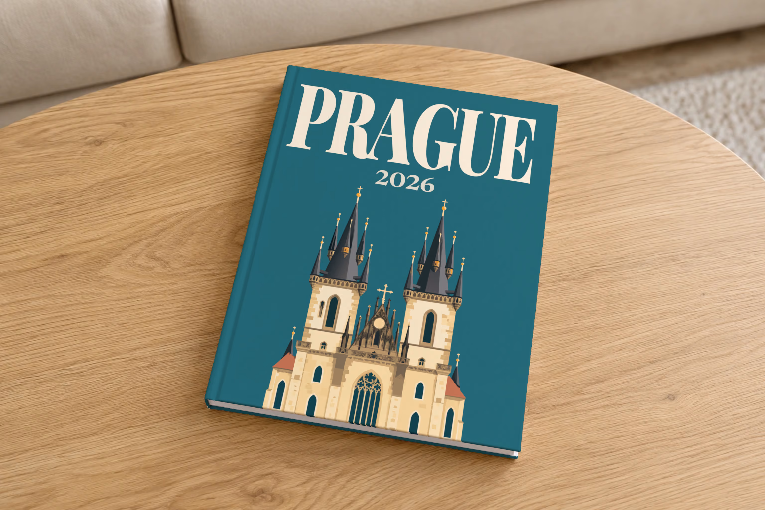 Prague hardcover photo book with the illustrated cover of the Gothic spires of the Church of Our Lady before Týn on teal, on a round oak coffee table in a bright living room
