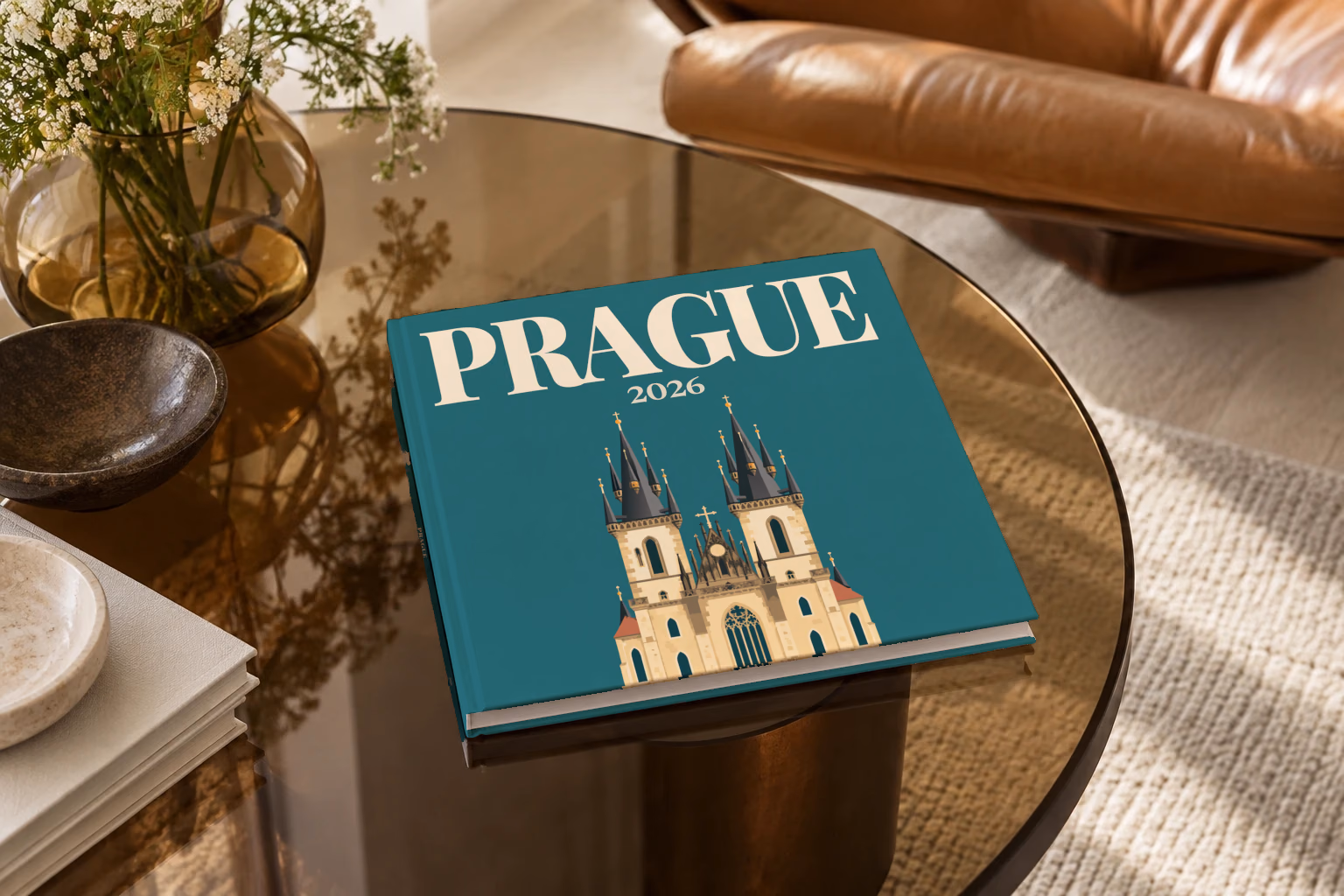 Prague square hardcover photo book with the illustrated cover of the Gothic spires of the Church of Our Lady before Týn on teal, on a smoked glass coffee table beside a leather armchair in warm afternoon light