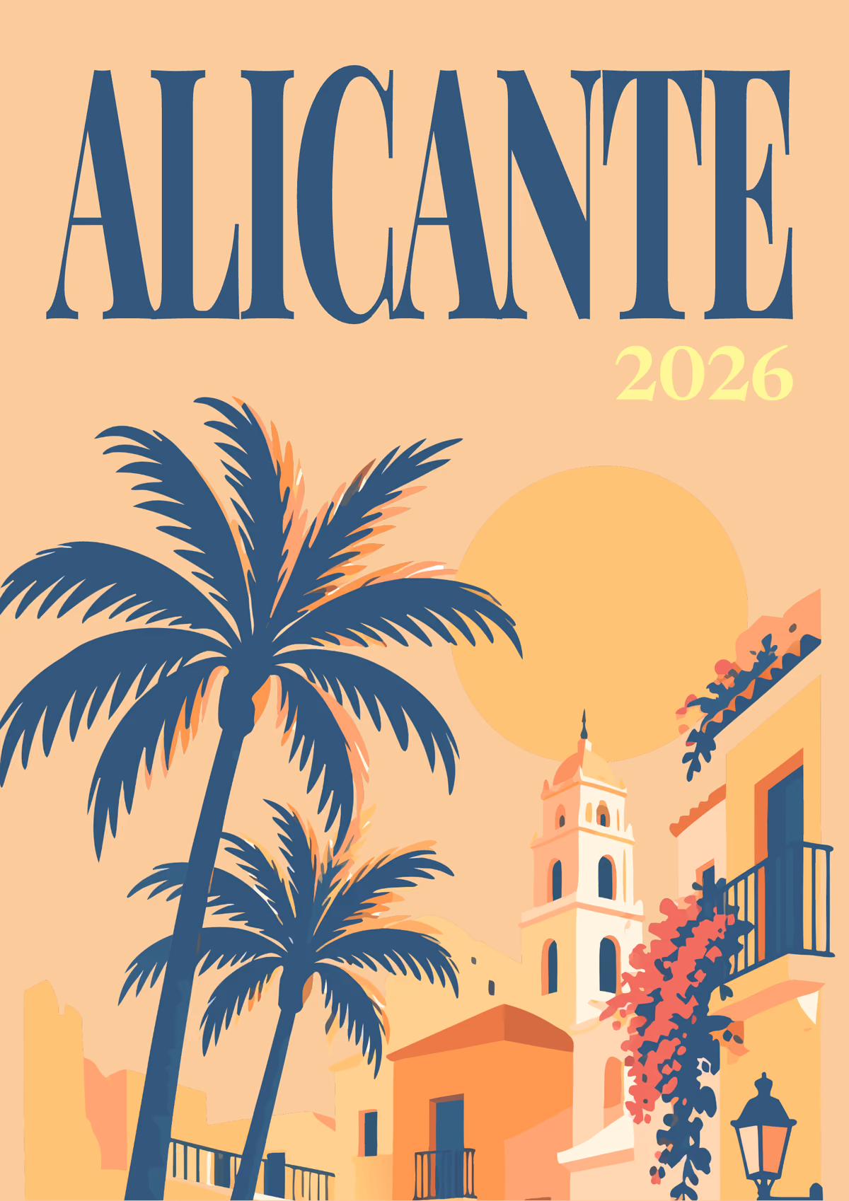 Alicante illustrated Spain travel photo book cover with palm trees and an old town bell tower on peach