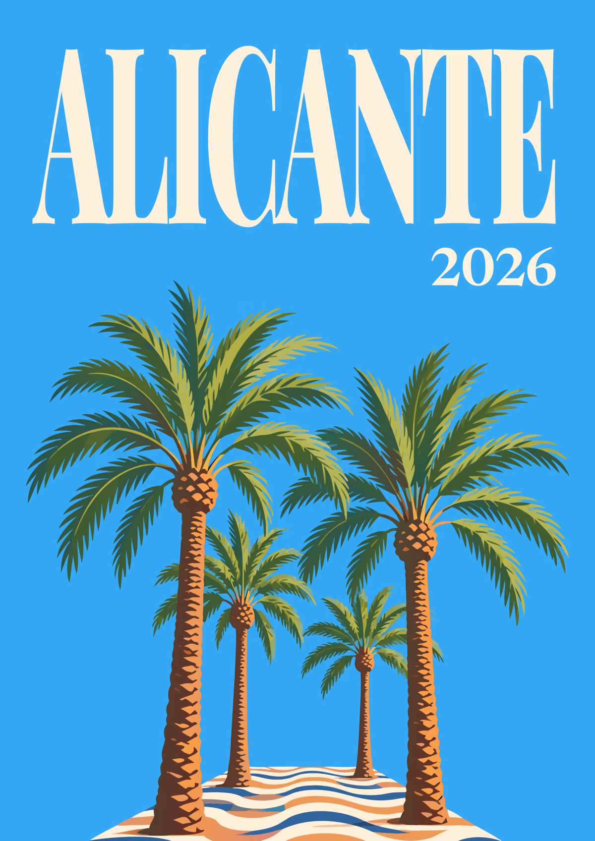 Alicante illustrated Spain travel photo book cover with a palm-lined promenade on blue