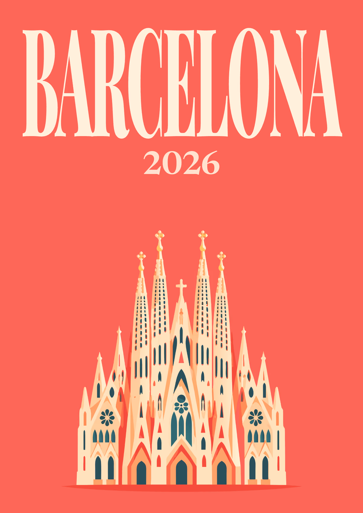 Barcelona illustrated Spain travel photo book cover with the Sagrada Família on coral red