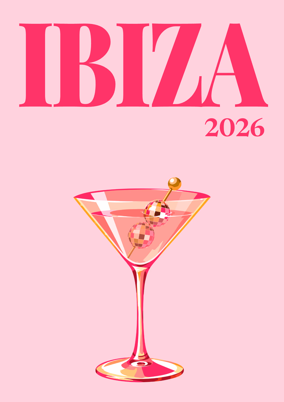 Ibiza illustrated Spain travel photo book cover with a martini with a disco-ball garnish on pale pink