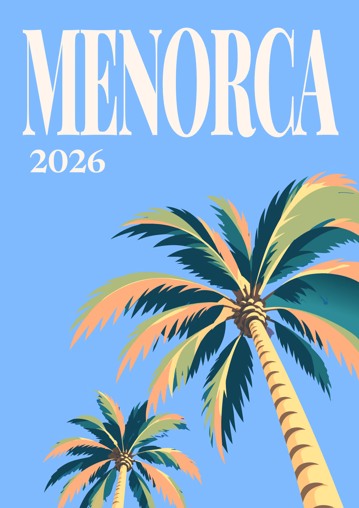 Menorca illustrated Spain travel photo book cover with palm trees on blue