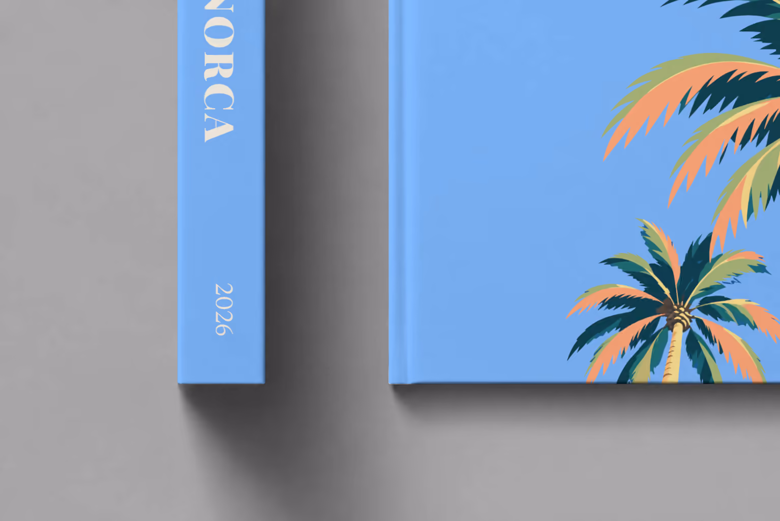 Spain hardcover photo book with the Menorca illustrated cover of palm trees on blue, shown close up beside its spine on a pale grey studio surface
