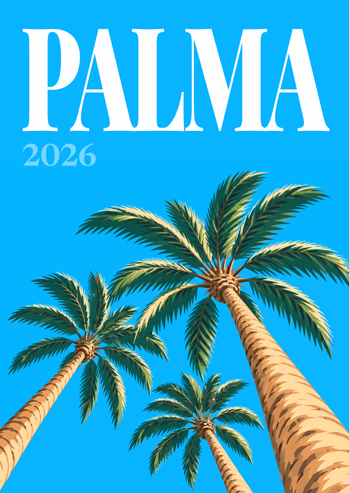 Palma illustrated Spain travel photo book cover with palm trees on bright blue