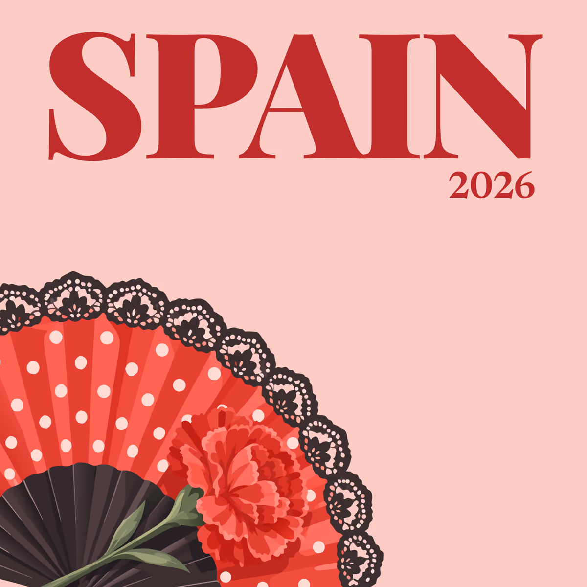 Spain illustrated square photo book cover with a polka-dot flamenco fan and a carnation on blush pink