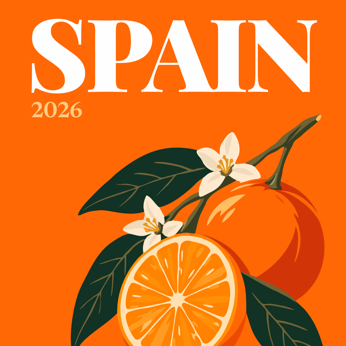 Spain illustrated square photo book cover with a halved orange and orange blossom on orange