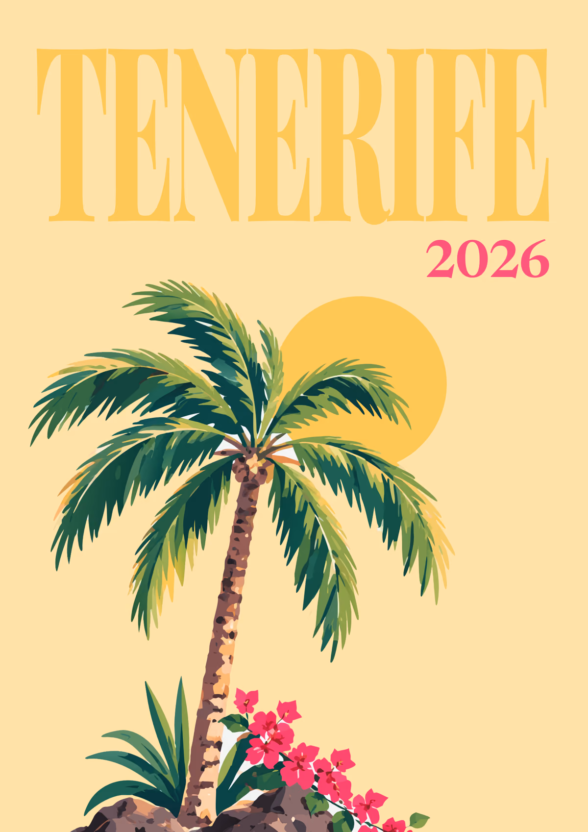 Tenerife illustrated Spain travel photo book cover with a palm tree and bougainvillea under a low sun on pale yellow