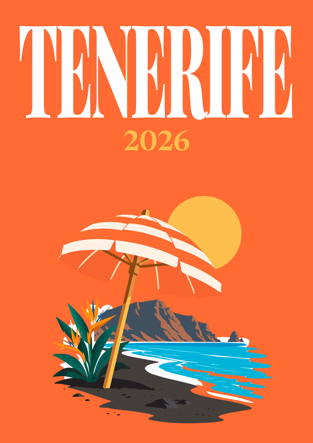 Tenerife illustrated Spain travel photo book cover with a parasol on a black-sand beach on orange-red