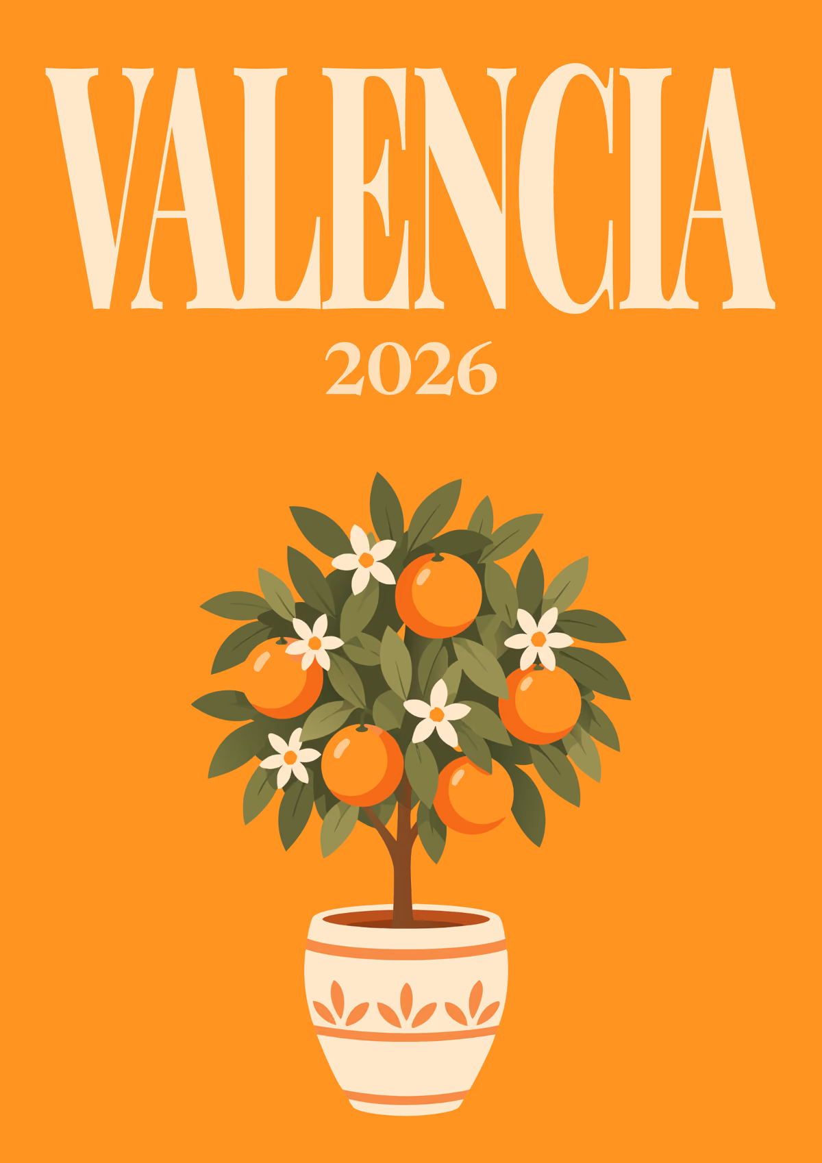 Valencia illustrated Spain travel photo book cover with a potted orange tree on orange