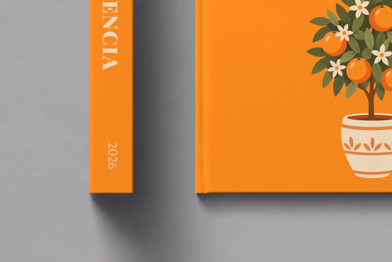 Spain hardcover photo book with the Valencia illustrated cover of a potted orange tree on orange, shown close up beside its spine on a pale grey studio surface