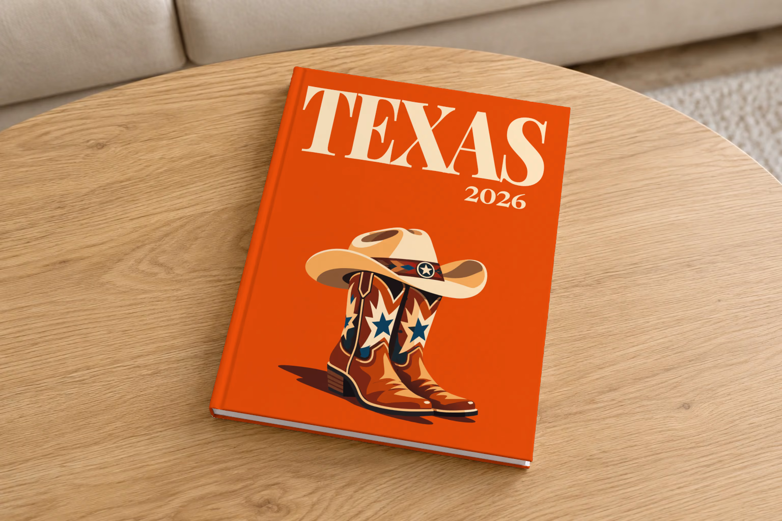 Texas hardcover photo book with the illustrated cover of cowboy boots with blue stars and a cowboy hat on burnt orange, on a round oak coffee table in a bright living room