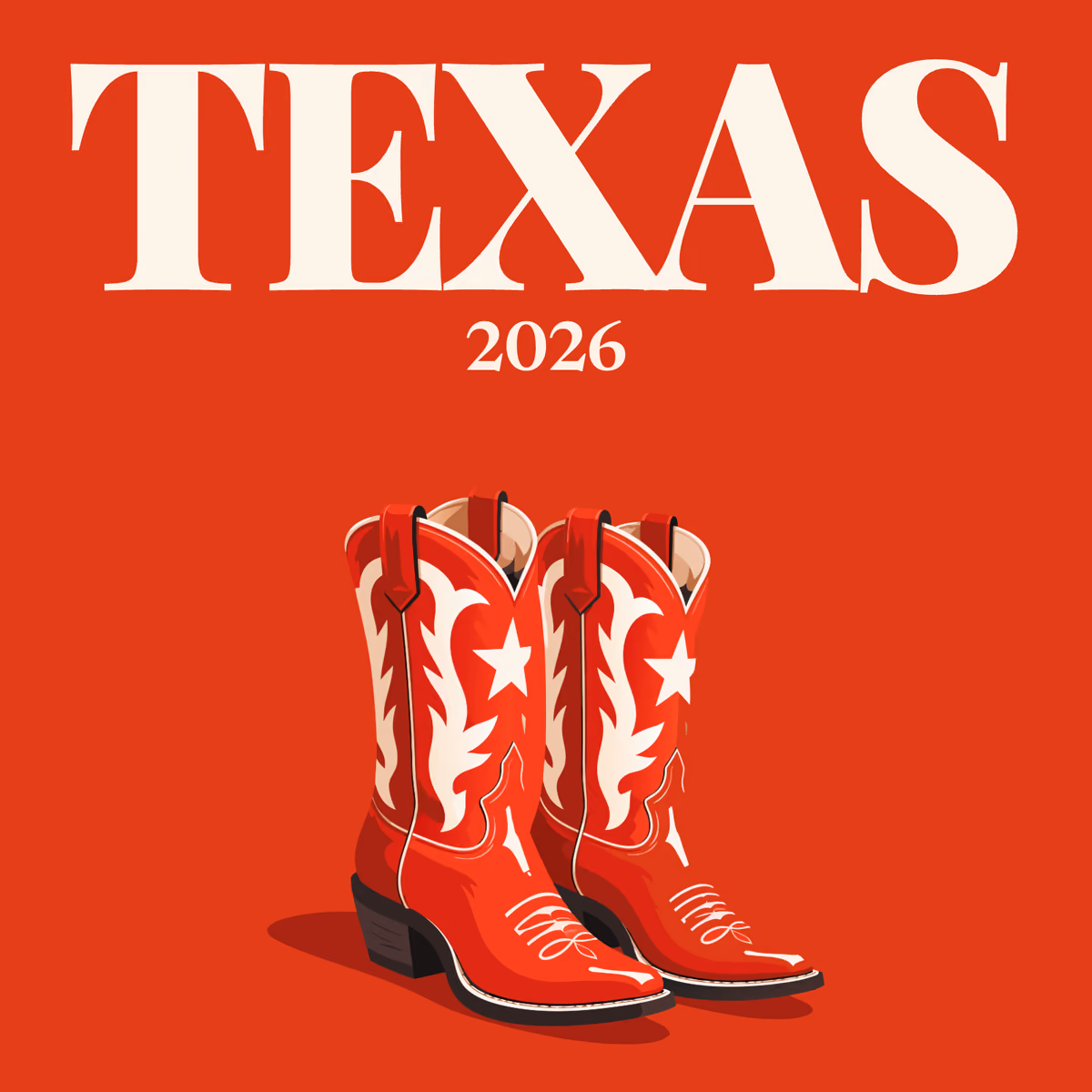 Texas illustrated square photo book cover with a pair of red cowboy boots with white stars on red