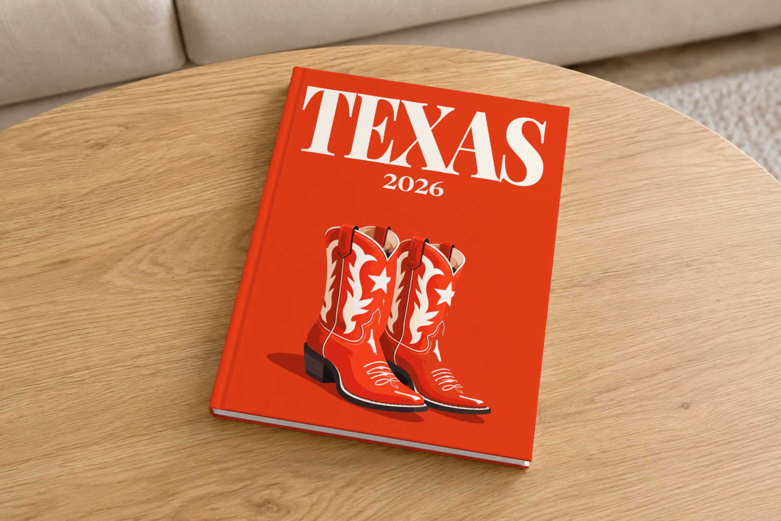 Texas hardcover photo book with the illustrated cover of a pair of red cowboy boots with white stars on red, on a round oak coffee table in a bright living room