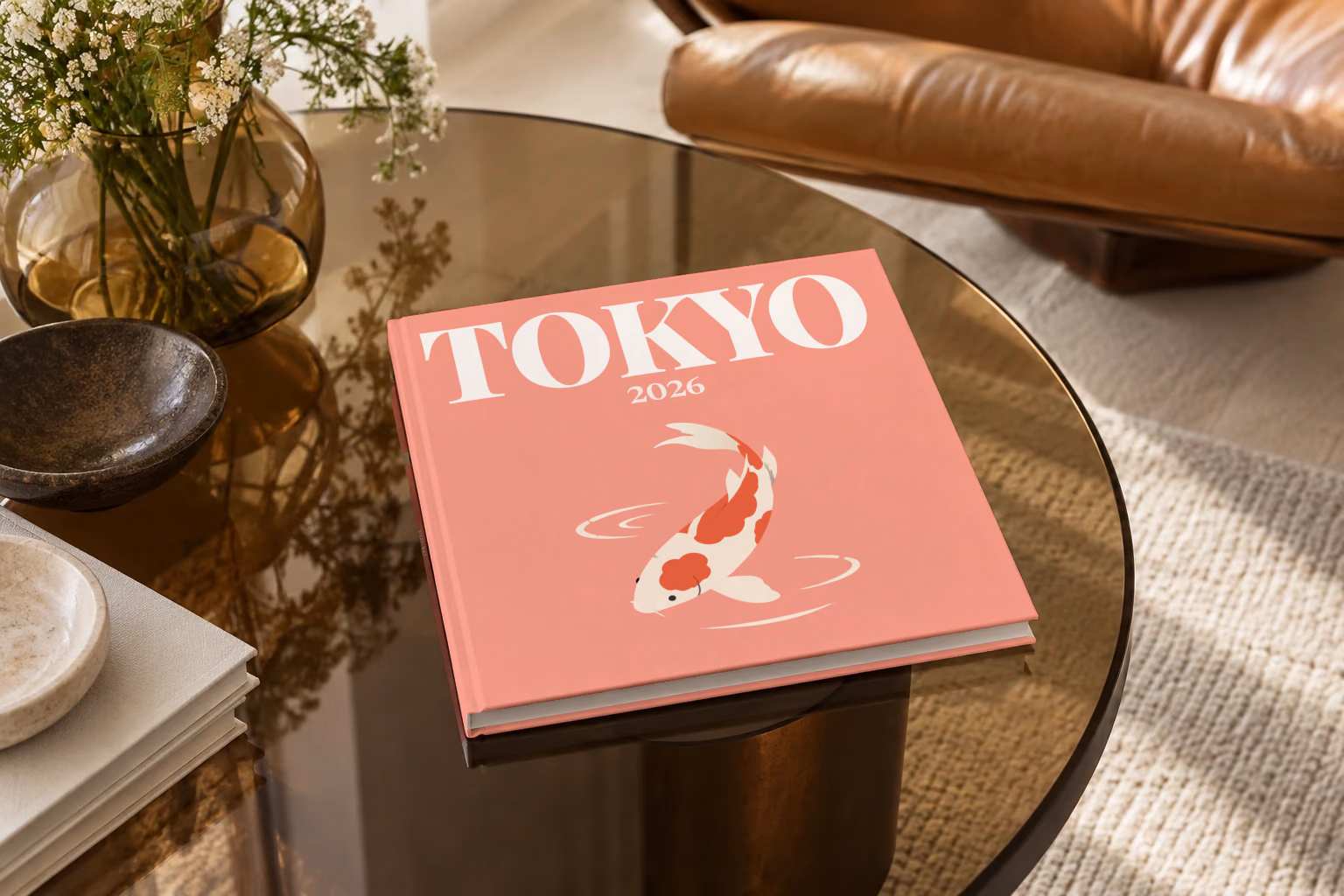 Tokyo square hardcover photo book with the illustrated cover of a koi on coral pink, on a smoked glass coffee table beside a leather armchair in warm afternoon light