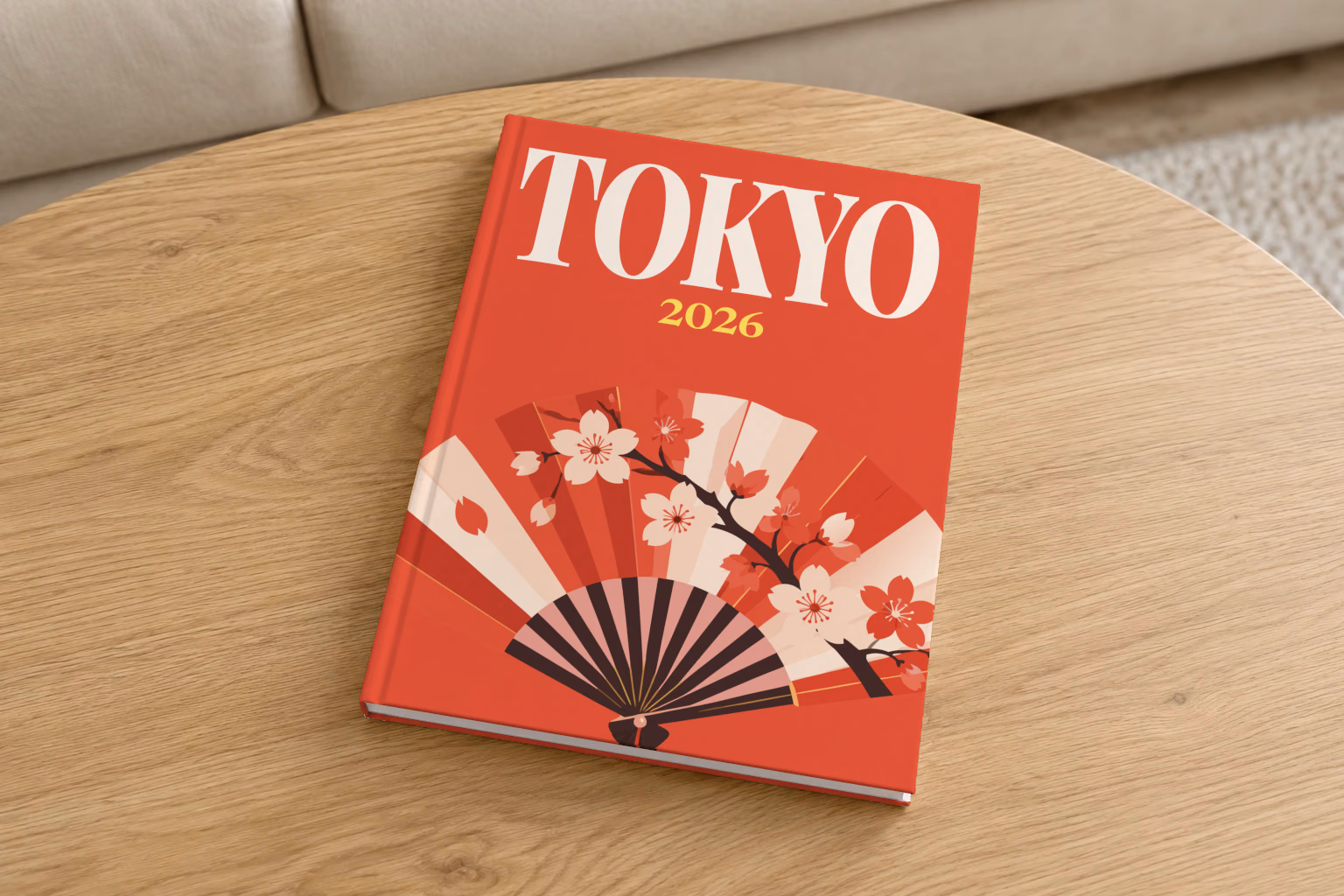 Tokyo hardcover photo book with the illustrated cover of a folding fan with cherry blossom on red, on a round oak coffee table in a bright living room