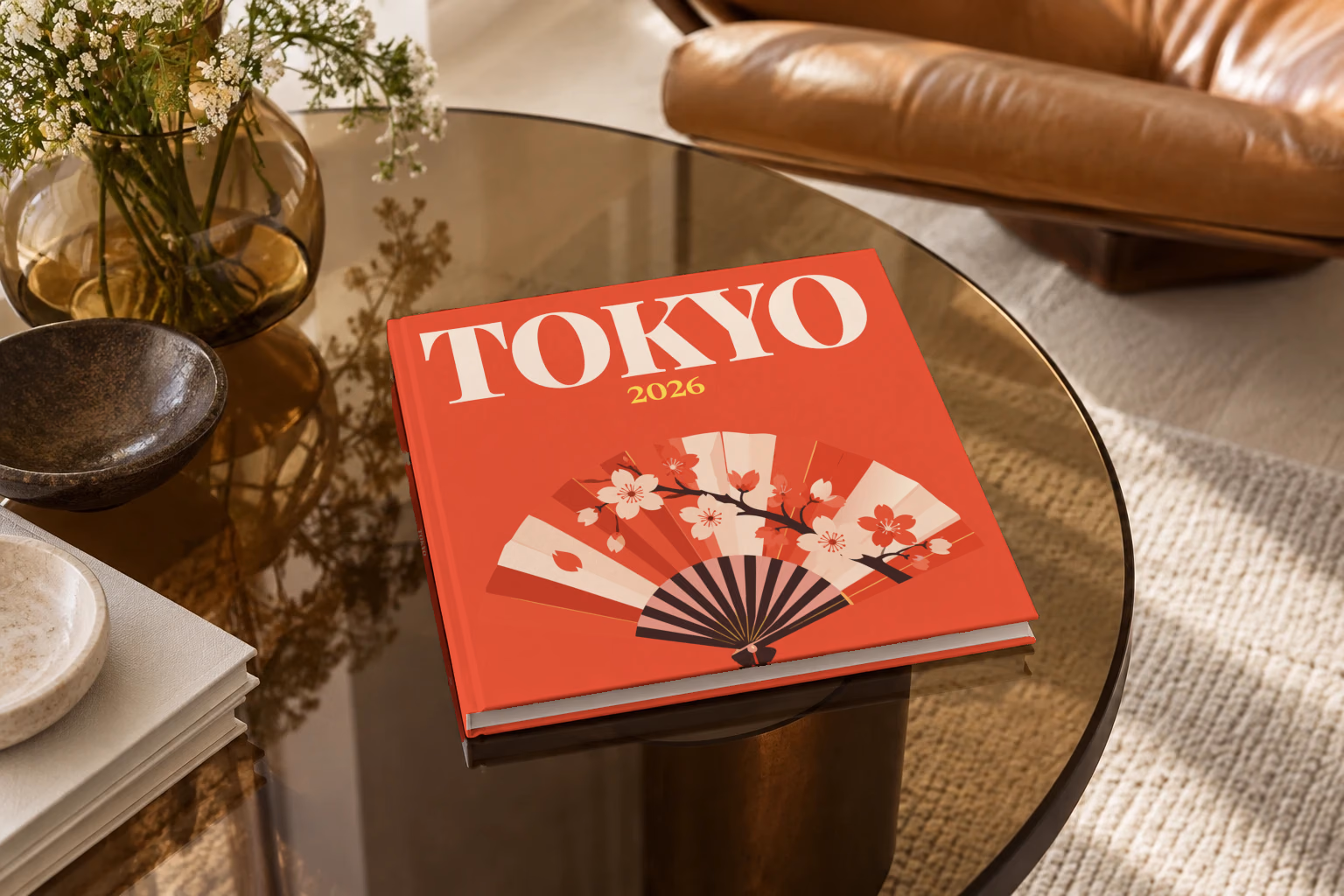 Tokyo square hardcover photo book with the illustrated cover of a folding fan with cherry blossom on red, on a smoked glass coffee table beside a leather armchair in warm afternoon light