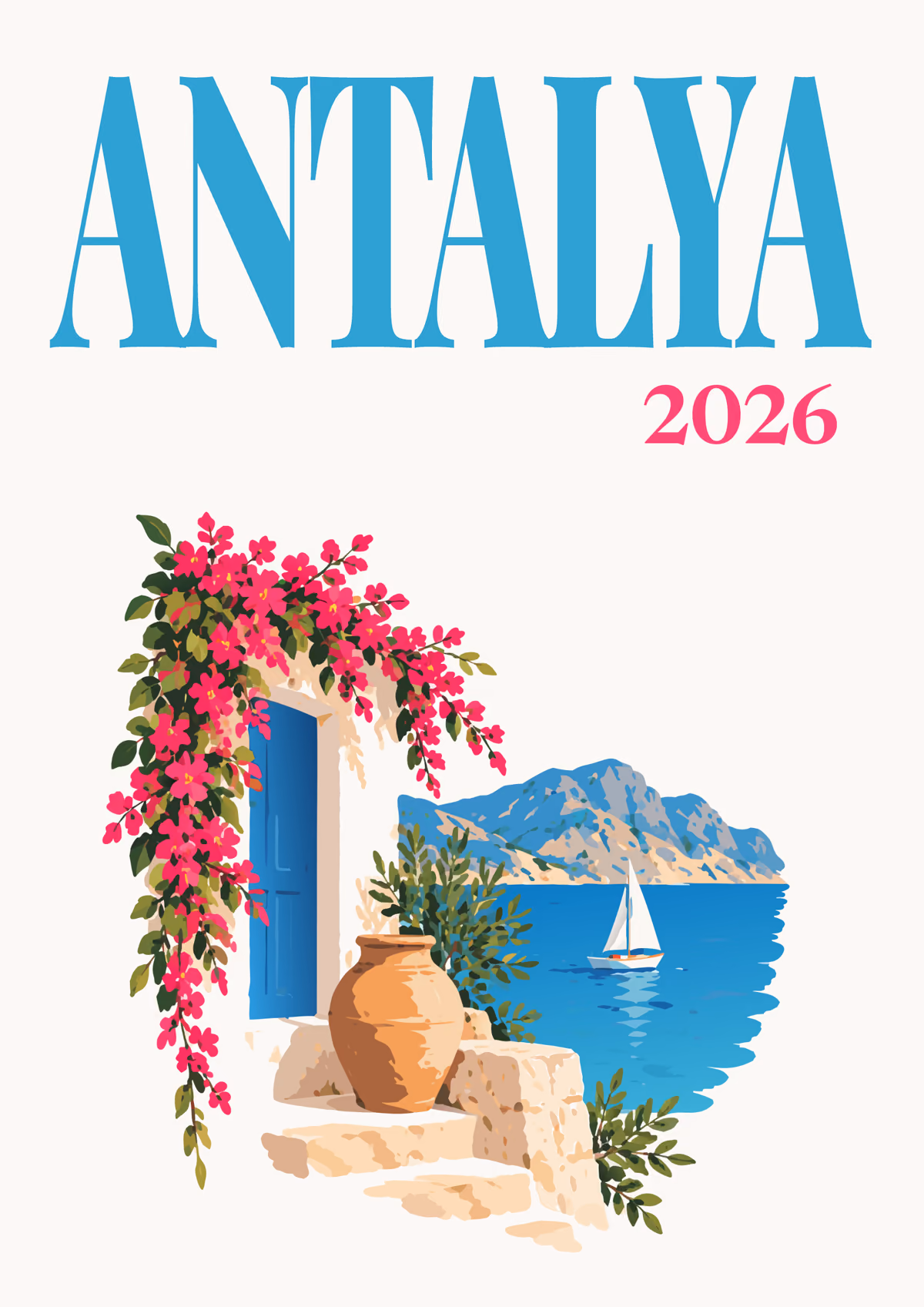 Antalya illustrated Turkey travel photo book cover with a blue door draped in pink bougainvillea above the Antalya coast on white
