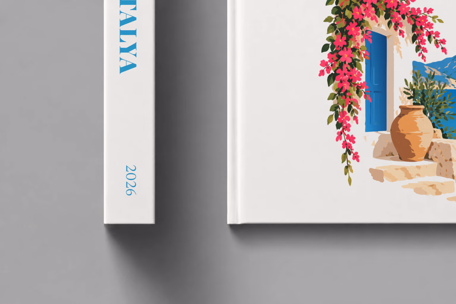 Turkey hardcover photo book with the Antalya illustrated cover of a blue door draped in pink bougainvillea above the Antalya coast on white, shown close up beside its spine on a pale grey studio surface