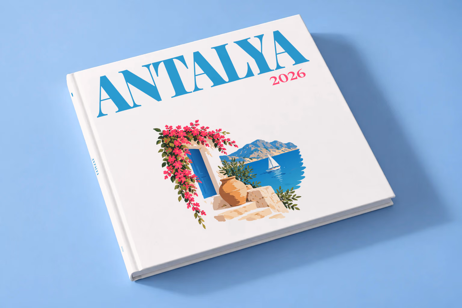 Turkey square hardcover photo book with the Antalya illustrated cover of a blue door draped in pink bougainvillea above the Antalya coast on white, lying on a pale blue studio backdrop