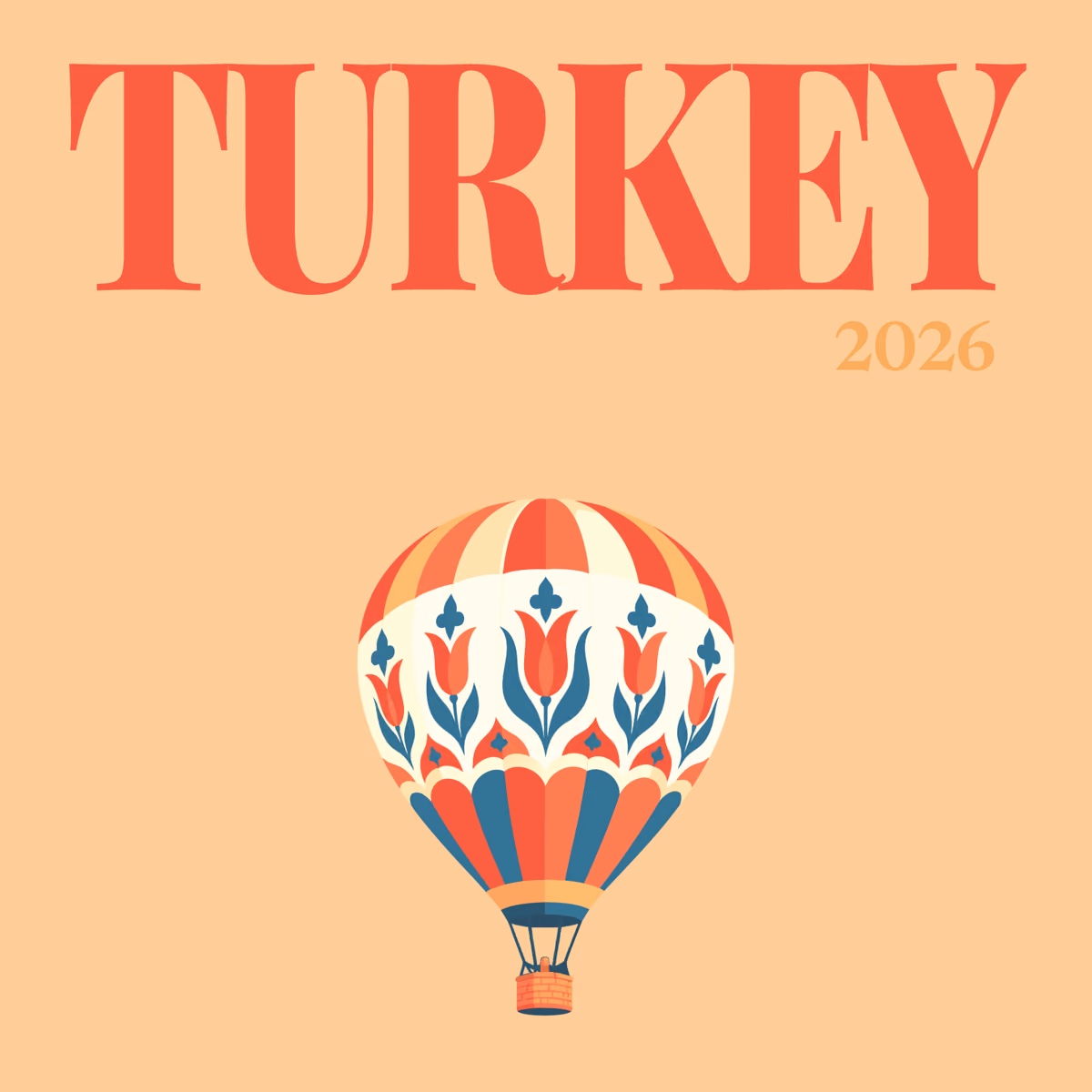Turkey illustrated square photo book cover with a hot air balloon patterned with Turkish tulips on peach