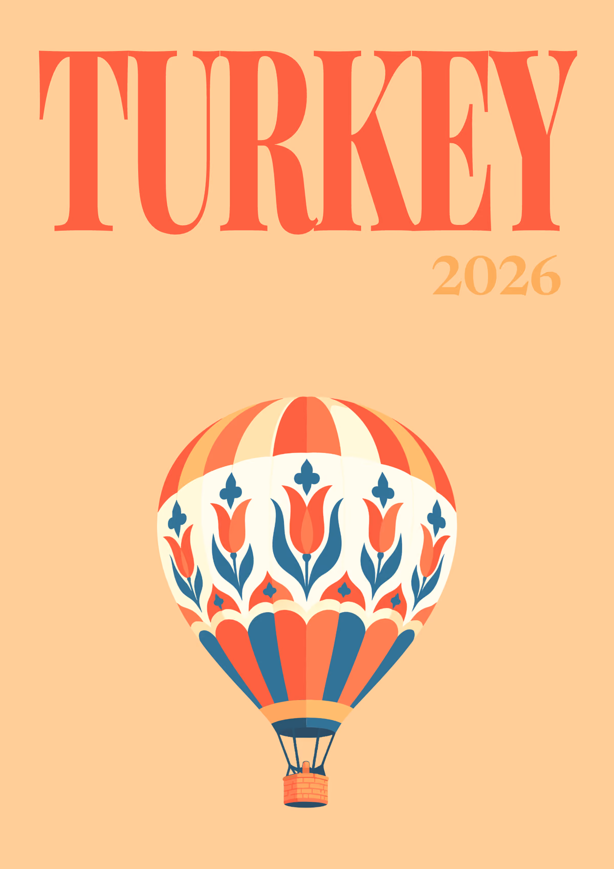 Turkey illustrated travel photo book cover with a hot air balloon patterned with Turkish tulips on peach
