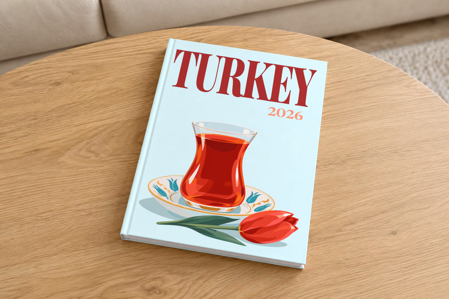 Turkey hardcover photo book with the illustrated cover of a tulip glass of Turkish tea on a saucer with a red tulip on pale aqua, on a round oak coffee table in a bright living room