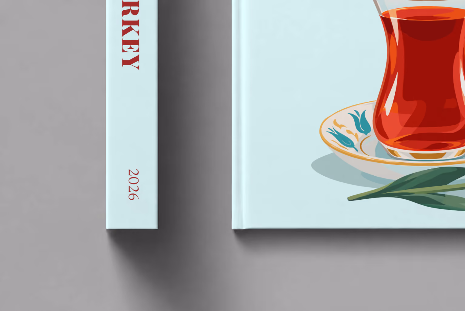 Turkey hardcover photo book with the illustrated cover of a tulip glass of Turkish tea on a saucer with a red tulip on pale aqua, shown close up beside its spine on a pale grey studio surface