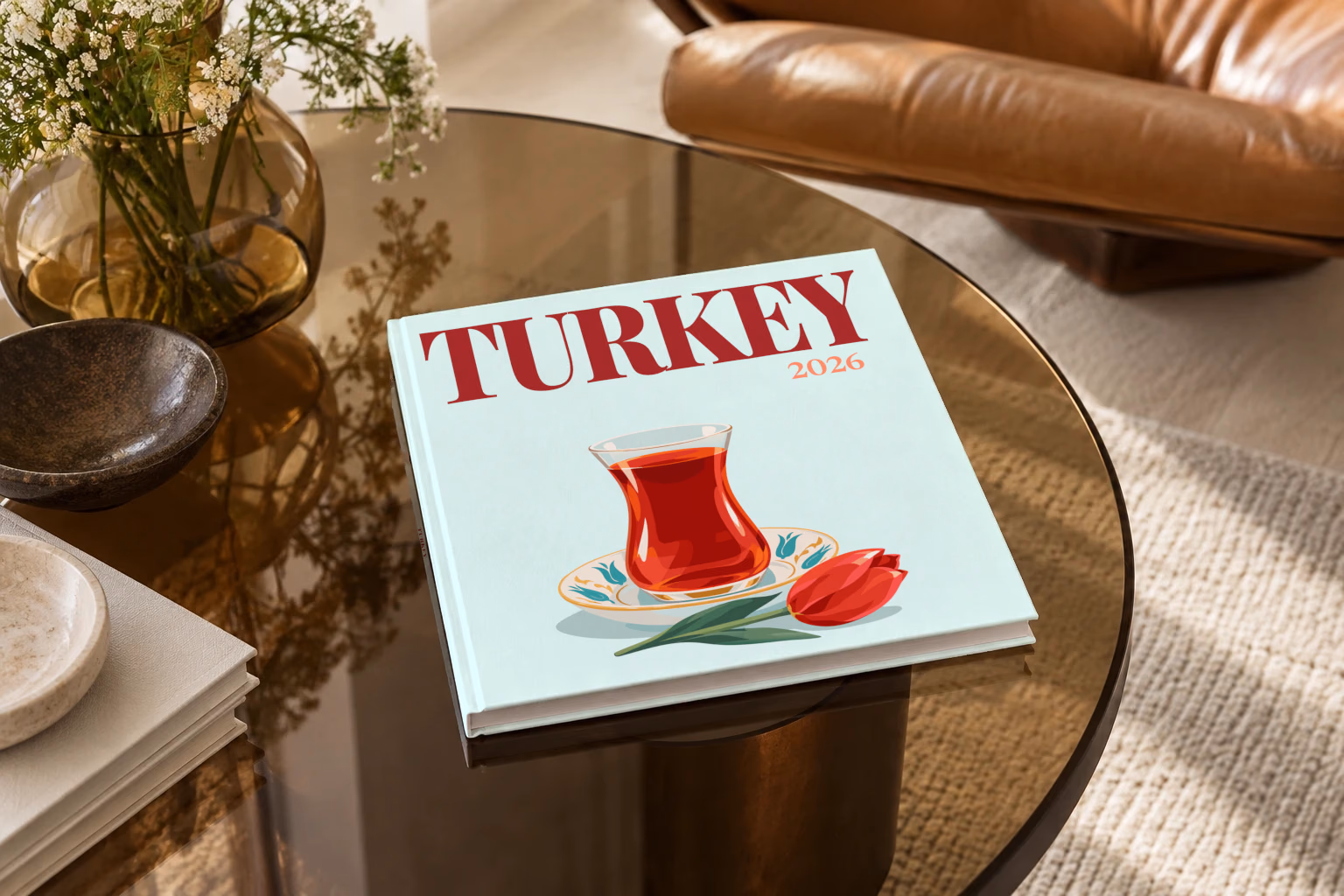 Turkey square hardcover photo book with the illustrated cover of a tulip glass of Turkish tea on a saucer with a red tulip on pale aqua, on a smoked glass coffee table beside a leather armchair in warm afternoon light