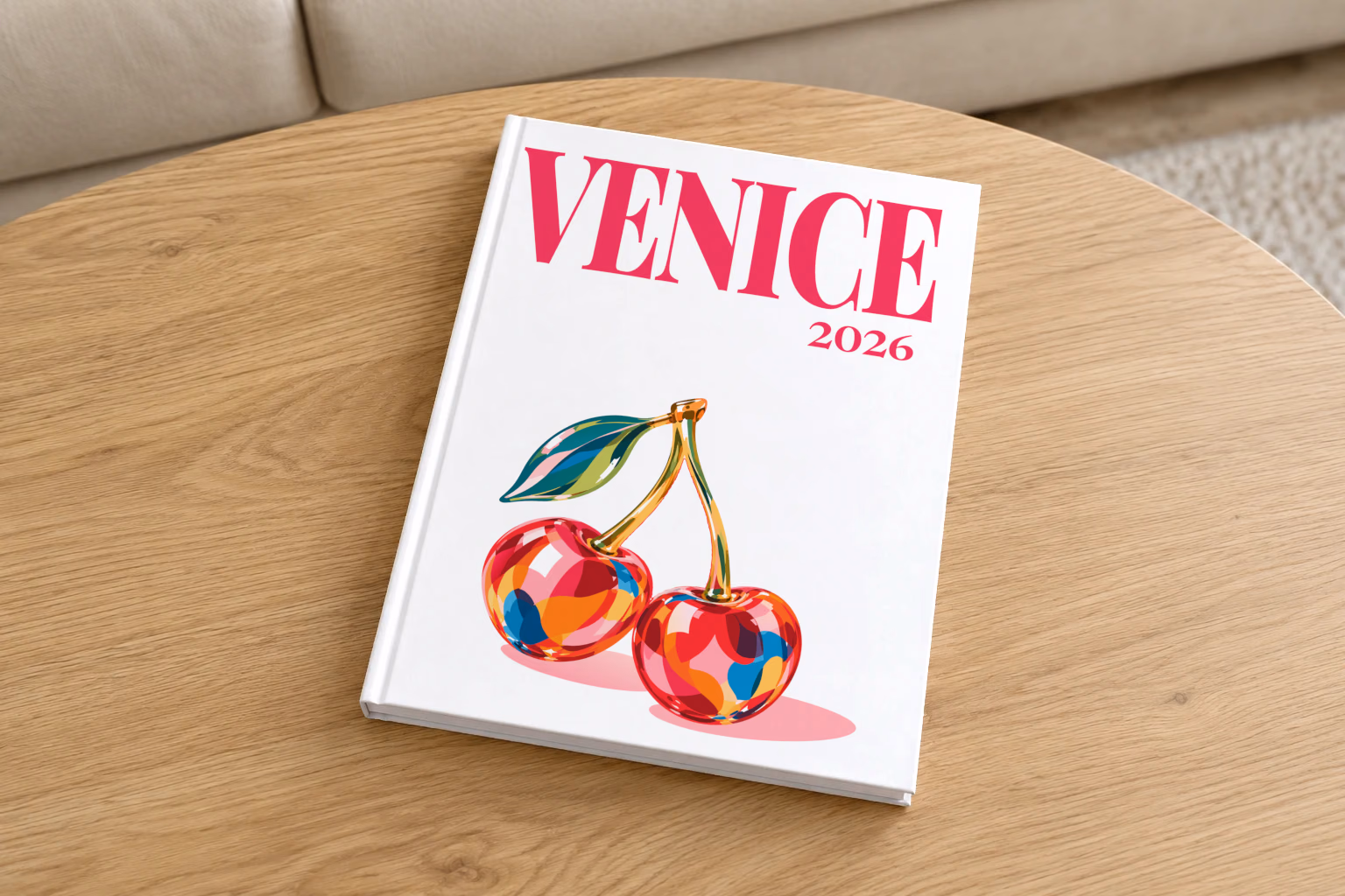 Venice hardcover photo book with the illustrated cover of glass cherries on white, on a round oak coffee table in a bright living room