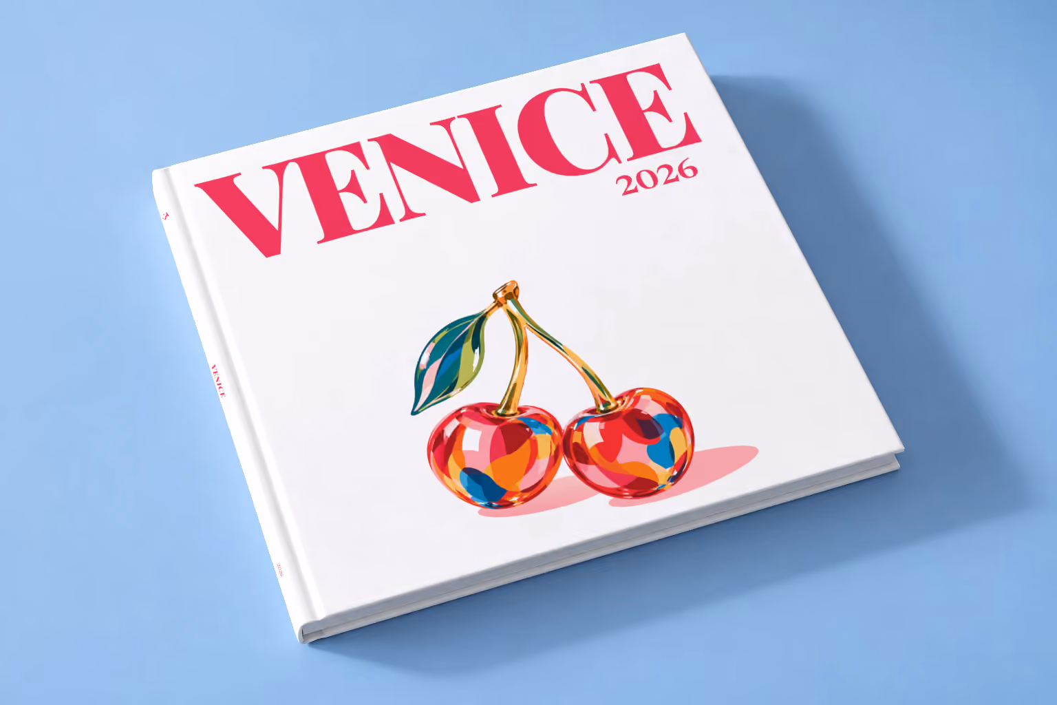 Venice square hardcover photo book with the illustrated cover of glass cherries on white, lying on a pale blue studio backdrop