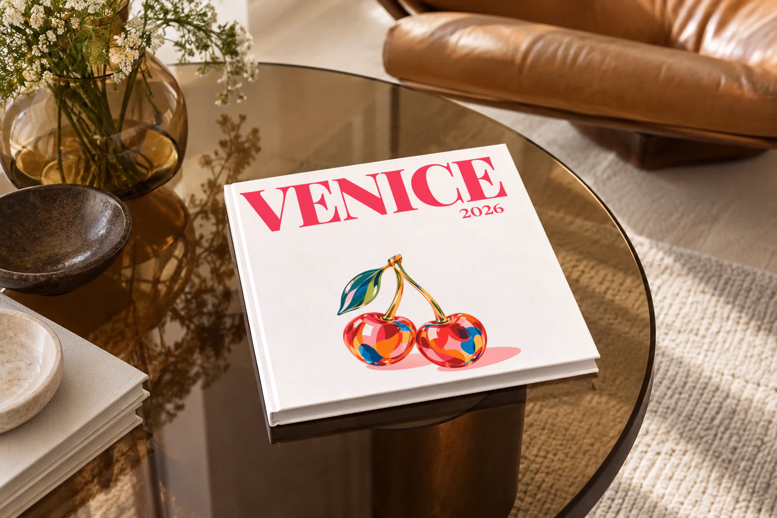 Venice square hardcover photo book with the illustrated cover of glass cherries on white, on a smoked glass coffee table beside a leather armchair in warm afternoon light