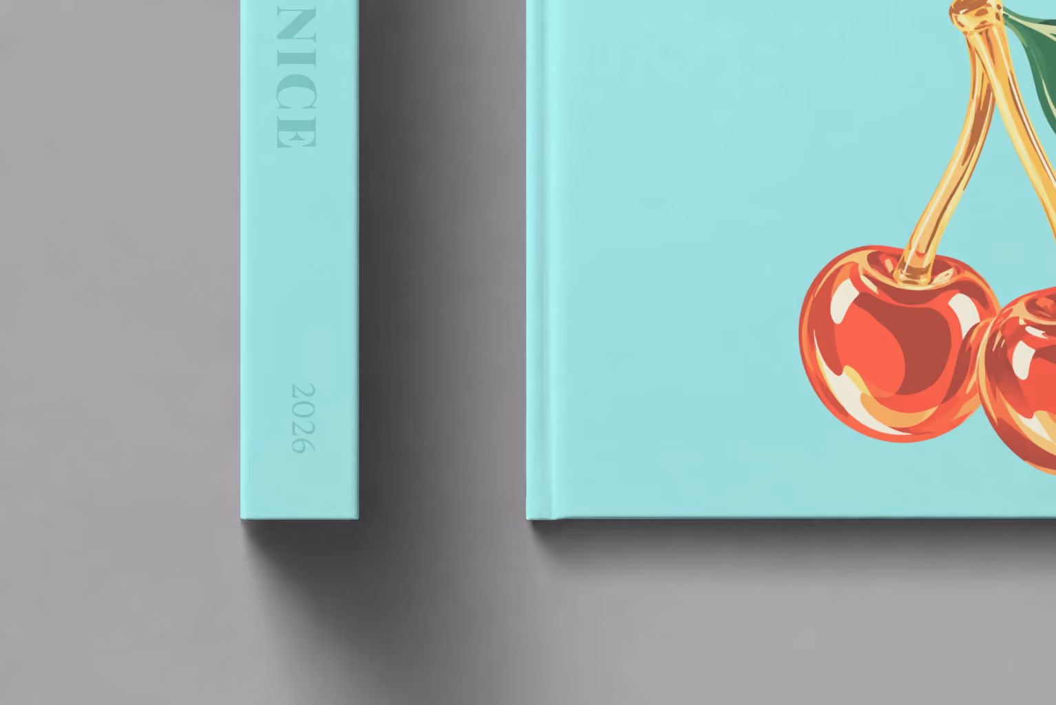 Venice hardcover photo book with the illustrated cover of glass cherries on pale aqua, shown close up beside its spine on a pale grey studio surface