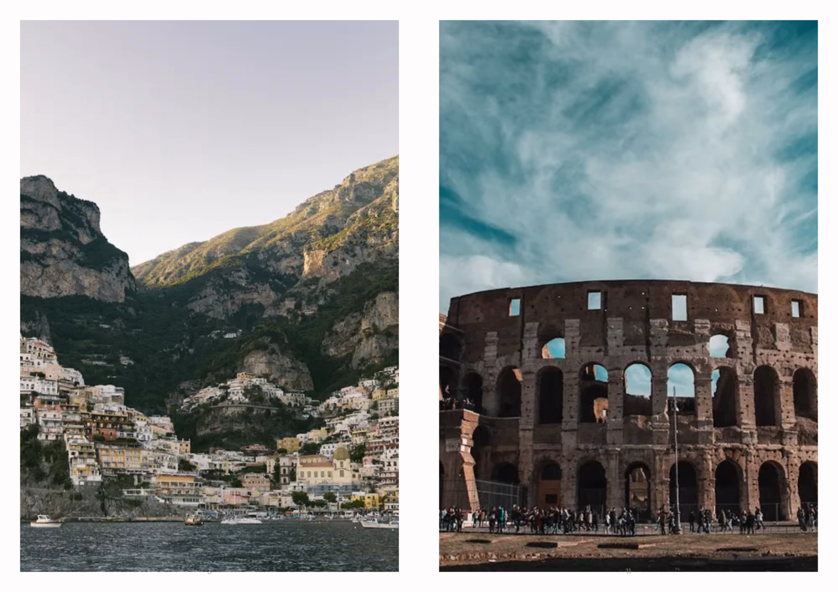 Inside an Italy photo book: a spread with Positano's houses above the sea on the left page and the Colosseum under a blue sky on the right