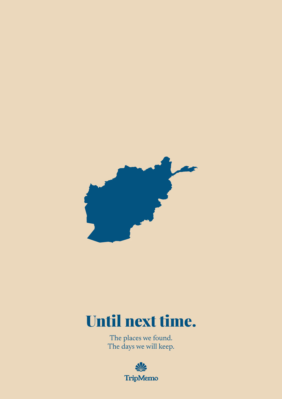 Back of the Afghanistan photo book: an outline of Afghanistan above the words "Until next time." and the TripMemo mark