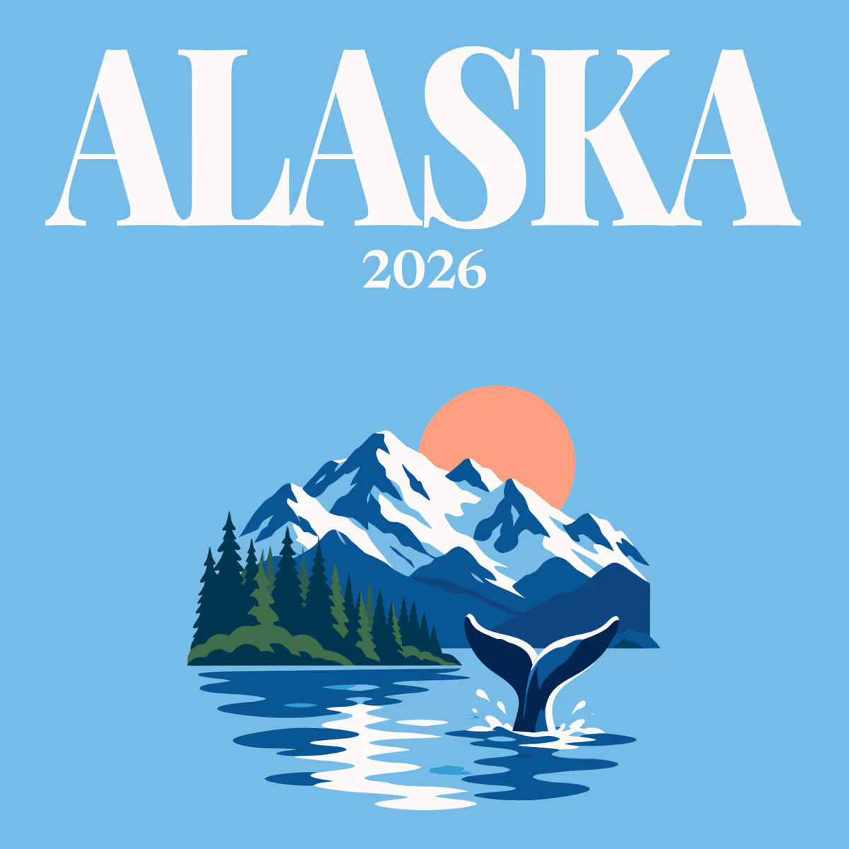Alaska illustrated square photo book cover with the whale and mountains artwork